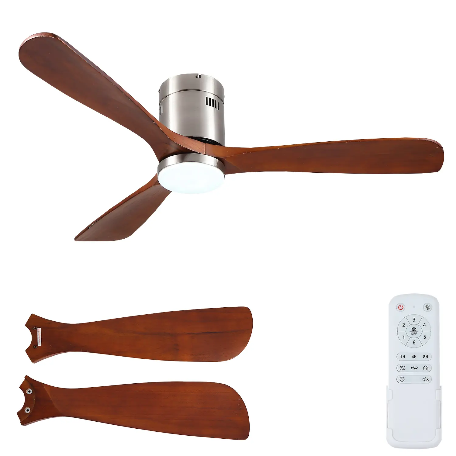 52 Inch Solid Wood Ceiling Fan with Light, Low Profile Flush Mount DC Ceiling Fan with Remote, Reversible Motor