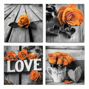 4PCS Wood Sign Wall Decor - Chic Burnt Orange Rose Flower Canvas Art Modern Floral Paintings for Living Room, Bedroom, Office - Perfect Valentine's Day Gift for