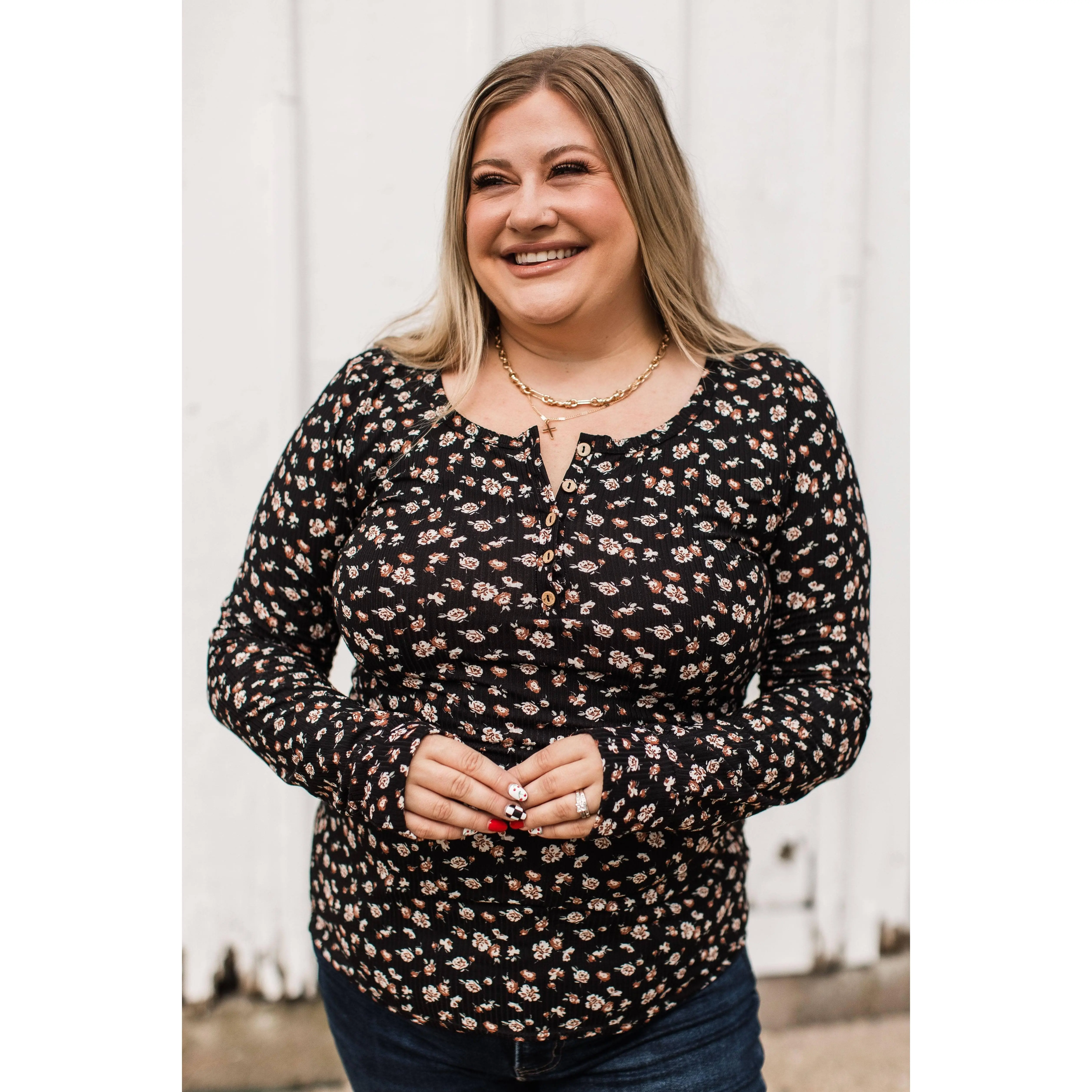 Women's Enchanted Evenings Floral Henley Blouse - Black & Clay, Soft Fabric, Flattering Fit Shirts, Lightweight, Print, Ribbed, Flowers, Lady, Casual, Tops, Fitted, Floral Print, Polyester Blend, Clothes