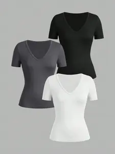 Women's 3-Pack/1-Pack  V-Neck Short Sleeve T-Shirts，Viral TikTok 2026 Minimalist Streetwear，Slim Fitted Basic Tees，Versatile Casual Tops for Teen Girls & Young Women，Perfect for Layering, Office, School, Weekend Outings & Daily Wear