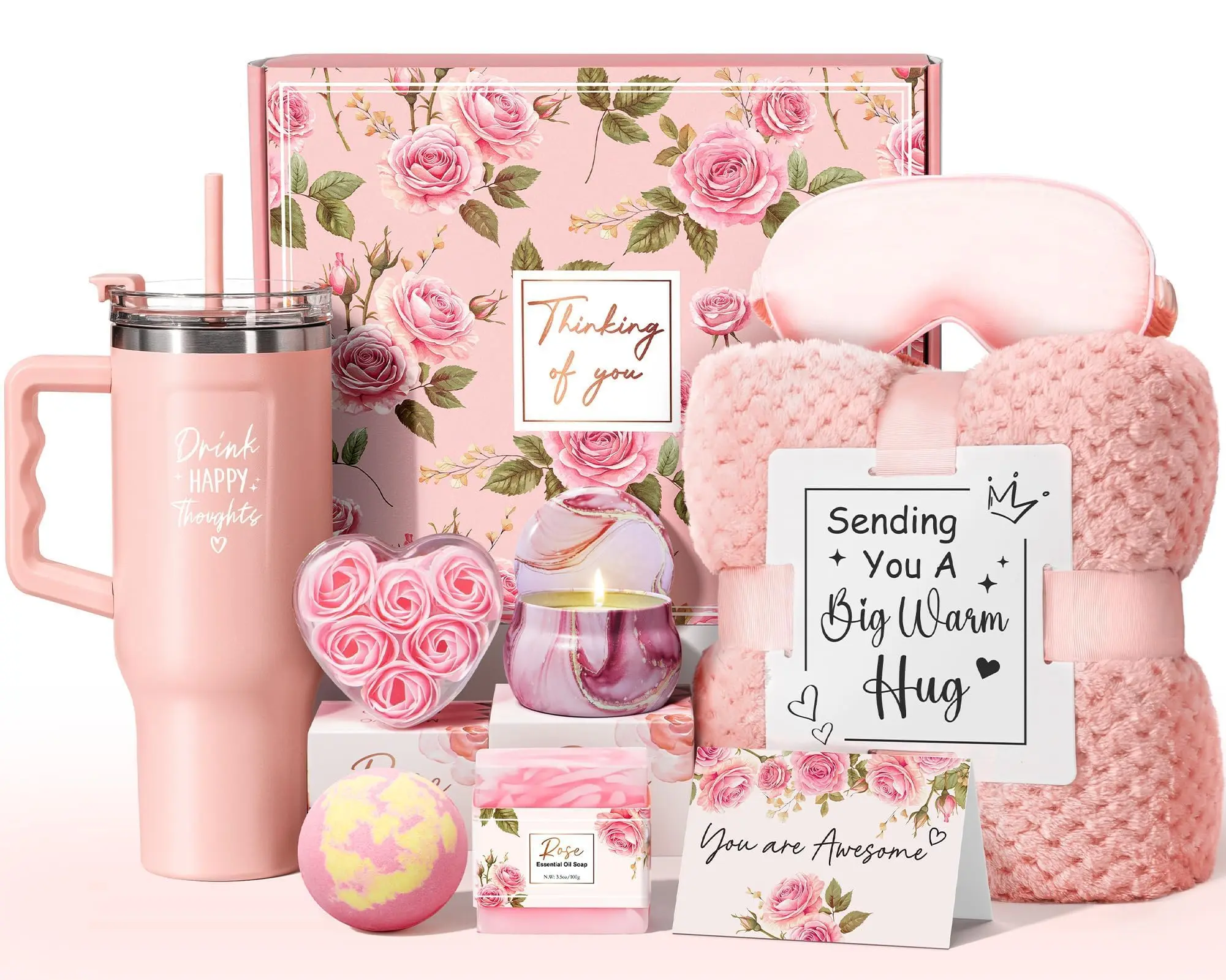Birthday Gifts for Women Self Care Get Well Soon Gifts, Rose Relaxing Spa Gift Box Care Package Basket w/ Luxury Flannel Blanket 40 oz Tumbler, Mother's Day Gift for Mom Her Wife Girlfriend Sister