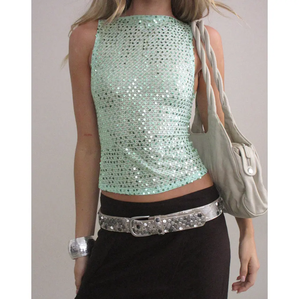 Dudley Vest Top in Sequin Knit Aqua Blue