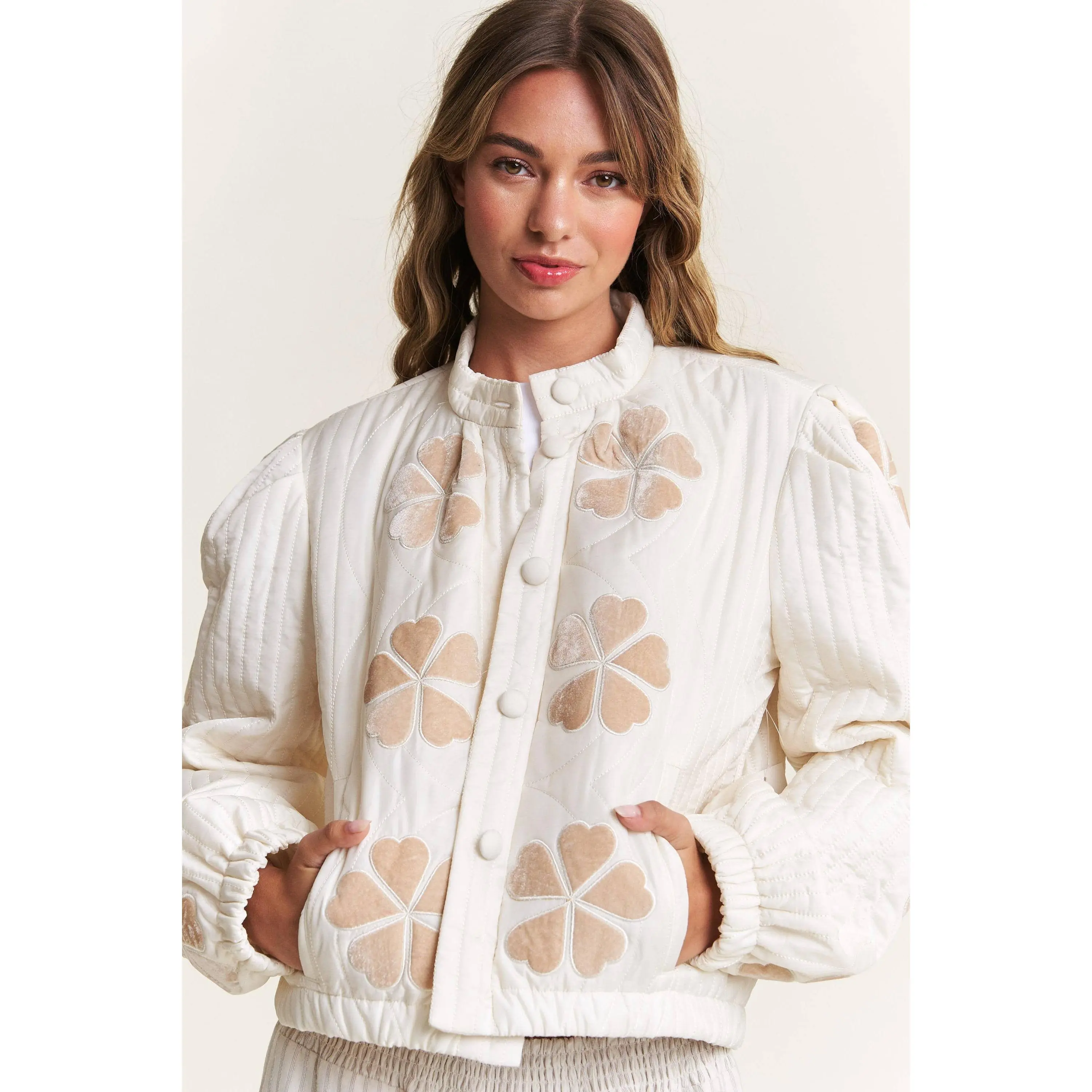 Ivory Floral Quilted Puffer Jacket