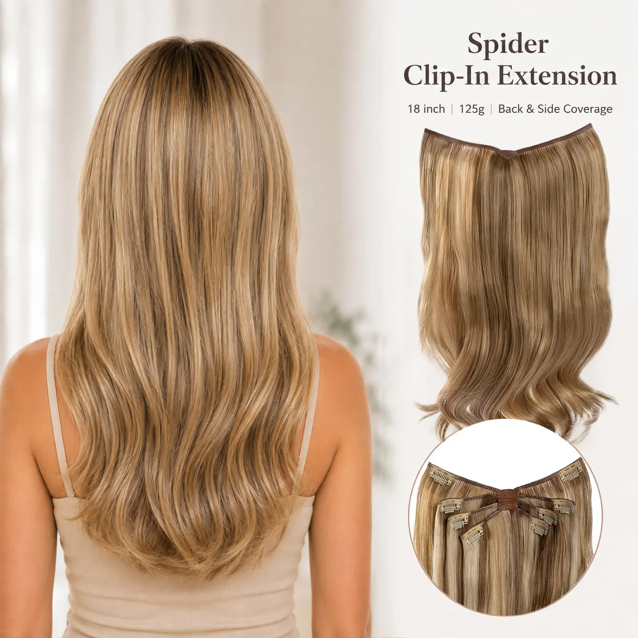 EC 125g 18-Inch Wide Spider Clip-In Hair Extension for Women, Multi-Clip Back and Side Hair Volumizer for Fine or Flat Hair, Secure Wide-Coverage Hairpiece for Added Body, Length & Natural Blending