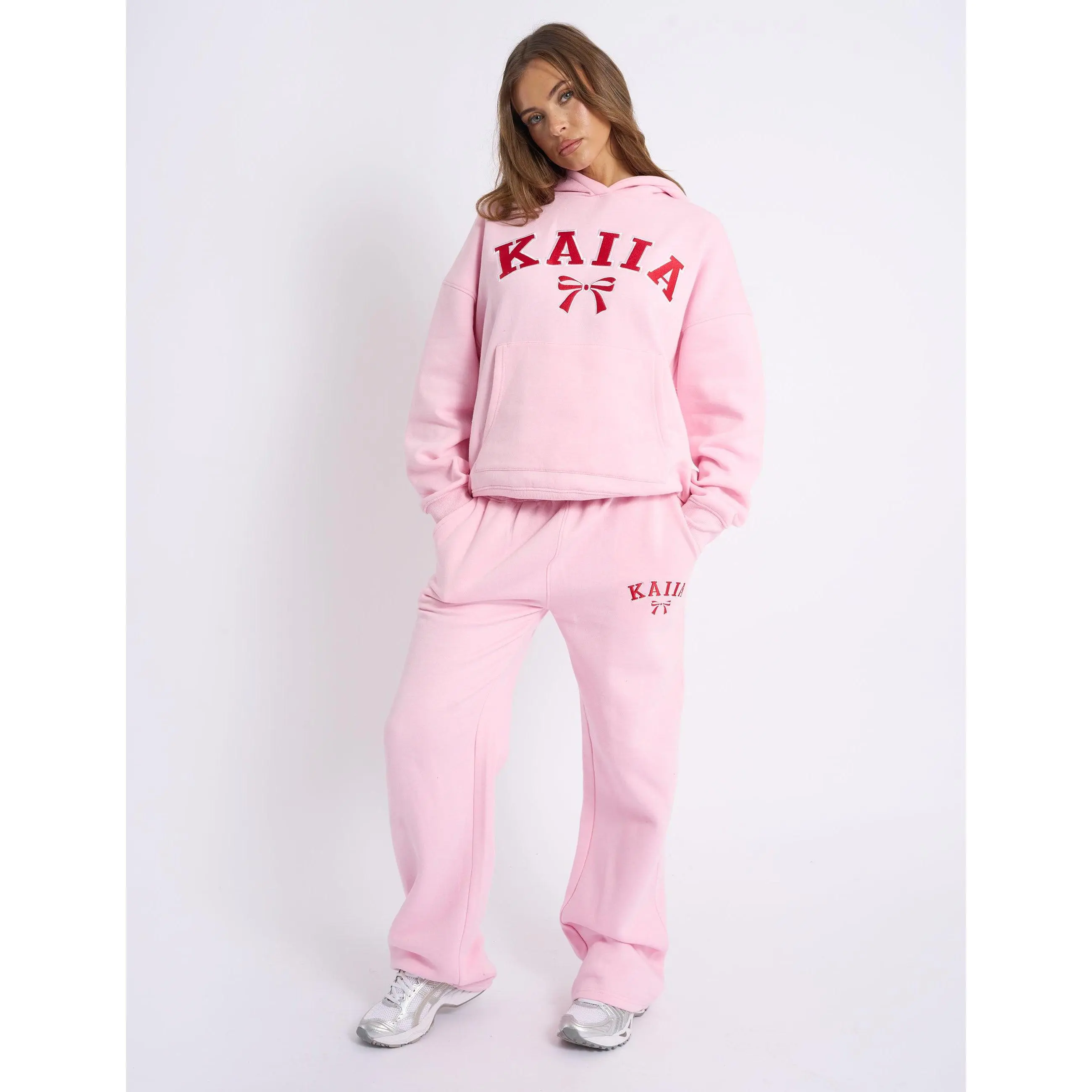 Kaiia Bow Embroidered Wide Leg Joggers Baby Pink & Red