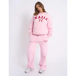 Kaiia Bow Embroidered Wide Leg Joggers Baby Pink & Red