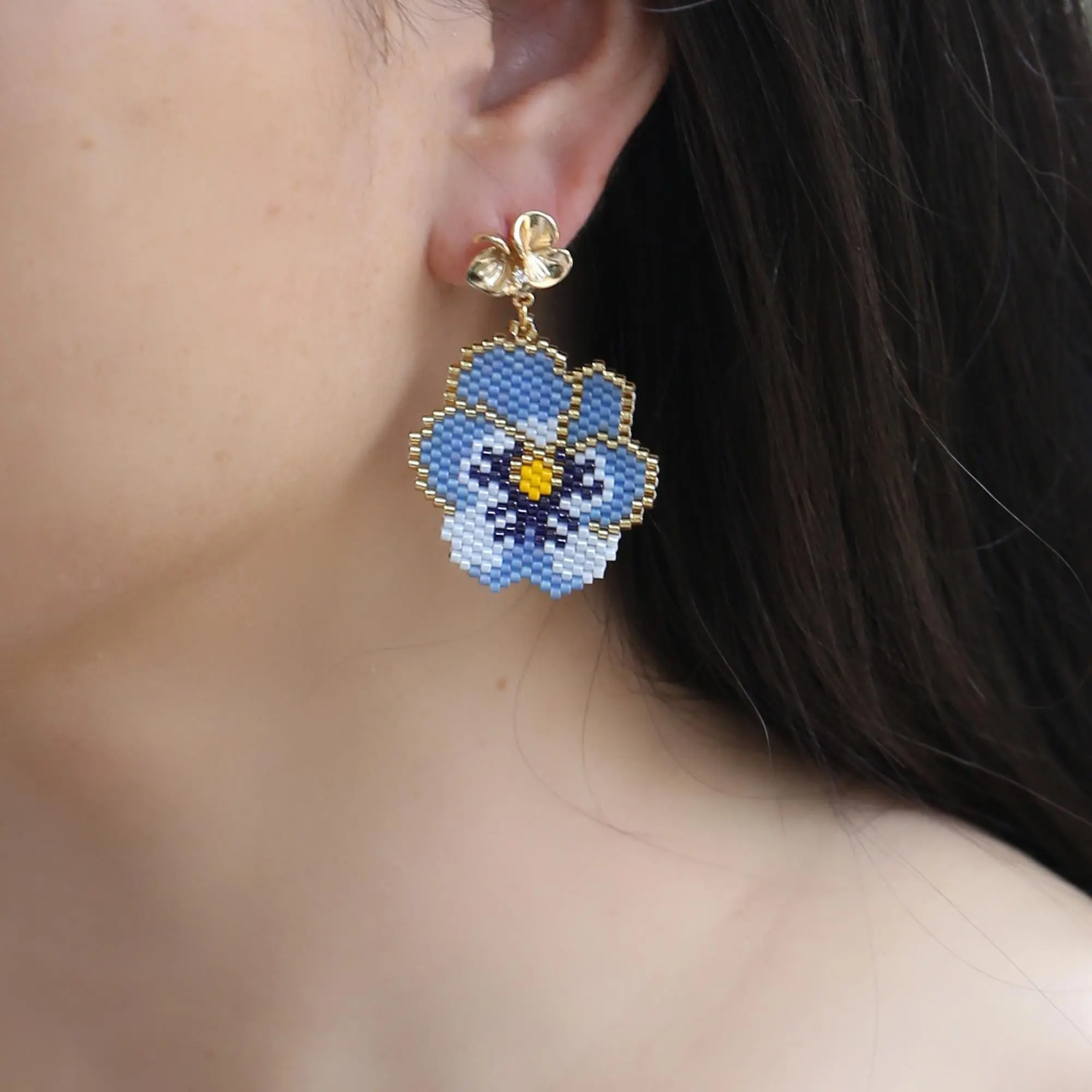 Miyuki Beaded Pansy Earrings, Flower Seed Bead Dangle Jewelry