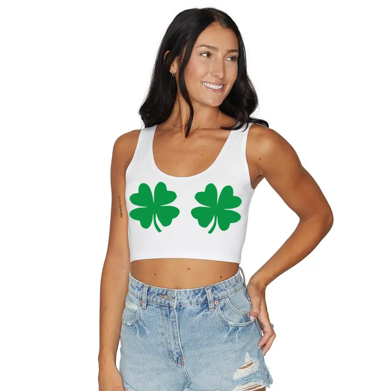 Lojo St. Patricks's Day Shake Your Shamrocks Casual White Crop Tank Top