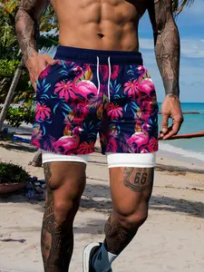 Men's Summer New Vintage Flamingo Tropical Shorts, Dual-Layer Anti-Slip Beach Pants, Quick-Dry Vacation Shorts, Slim-Fit Drawstring Waist, Swimming Shorts, Swimwear Shorts, Swimming Trunks