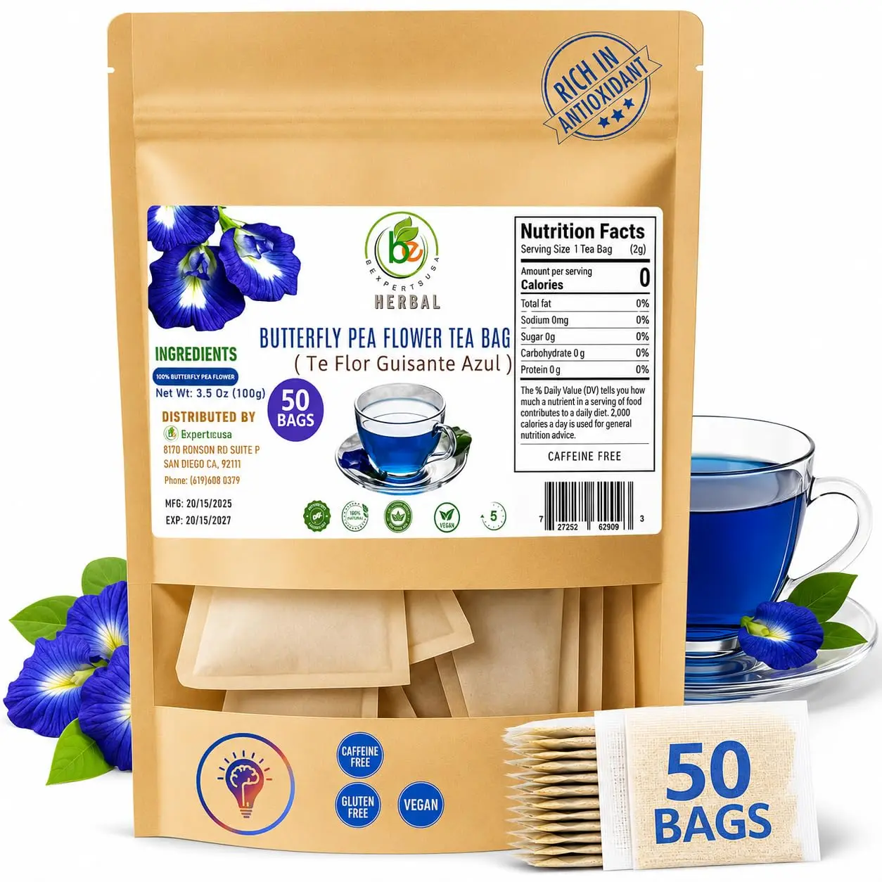Butterfly Pea Flower Tea (50 Tea Bags) – 2g Each – Vibrant Blue Herbal Tea Powder – Color-Changing & Antioxidant-Rich – 100% Natural, Caffeine-Free, Vegan, Non-GMO – Vacuum-Sealed for Freshness – by BEXPERTSUSA