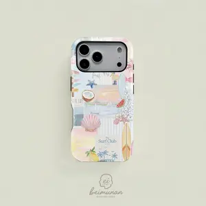 Cute pastel watercolor-style beach patchwork pattern double-layer protective case, sturdy and durable 2-in-1 case, compatible with iPhone 17/16/15/14/13/12/11 Pro Max/Plus/Pro, and Samsung GalaxyS26/S25/S24/S23 /S22/S21Ultra/Plus series.
