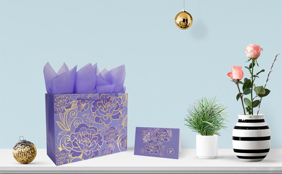 Mother's Day 13" Large Rose Purple Gift Bag Set with Greeting Card and Tissue Paper for Women or Girls for Celebrating Birthdays, Mother's Day, Valentine's Day, Weddings, Anniversaries