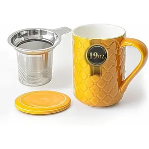 19oz Ceramic  Mug with Infuser and Lid Loose Leaf  Steeper Microwave & Dishwasher Safe for , Coffee, Milk, Home & Office (Yellow Embossed Porcelain  Cup)