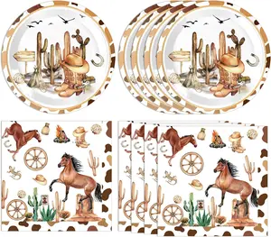 40 count Western Birthday Decorations Cowboy Party Disposable Tableware Supplies Plates Napkins Rodeo Decoration for  Shower Fire Camping  West Party