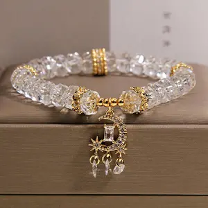 Women's Moonlight White Crystal Abacus Bead Bracelet with Moon-Star Pendant, Energy Stone Jewelry for Luck & Wealth, Stylish Accessories, Ideal Gift for Girlfriends