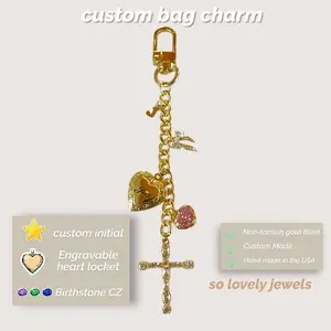 So Lovely Customized Gold Purse Charm with Birthstone Engraving Heart & Cross Design Faith Bag Accessory Non-tarnish Gold Filled Custom Made Hand Made in the USA