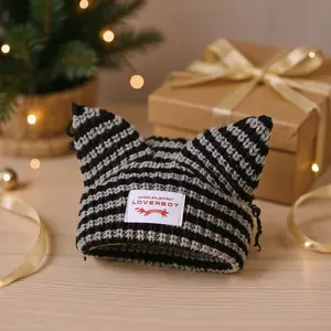 Loverboy Bunny & Cat Ear Knit Beanie Set Warm Striped Crochet Hats for Cold Weather Unisex Slouchy Design for Winter Adventures and Holiday Photos
