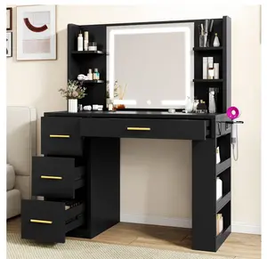 40" Black Makeup Vanity Desk with 3-Color LED Mirror, 4 Drawers, 7 Open Shelves, Power Outlets, Hair Dryer Holder & Anti-Tip Safety for Adults