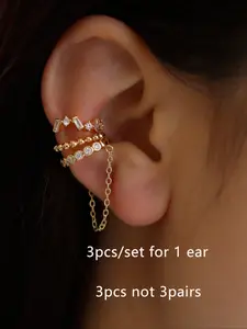 3 pcs set Zircon Chain Clip-On Earrings Set for Women, Multi-Layer Stacking Ear Cuffs, No-Piercing Earrings for Daily Wear, Date Night & Parties, Sparkling Drop Dangle Design, Iridescent Dangling Ear Accessories Set, Non Piercing Earrings