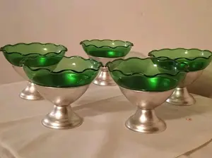 Heller Hostess Ware Aluminum & Glass Desert/Sherbert Cups Green Glass Colorama