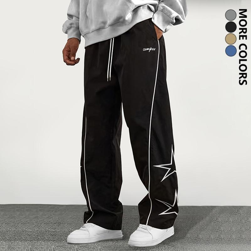 Men's Fashion Casual Pants, Street Retro Star Embroidered Straight-Leg Pants, Polyester Fabric, All-Season Versatile Trendy Hip-Hop Track Pants