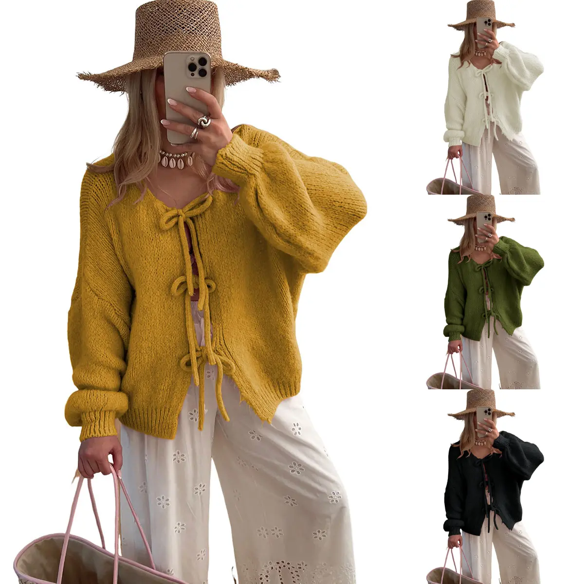 Molitree Womens Oversized Bowtie Knit Sweater Cardigan Long Sleeve V Neck Open Front Casual Knitwears
