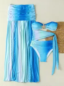 Spring Summer New European Style Sexy Halter Top Star Decoration Cut Out Gradient Two Piece Set Women's One-Piece Swimsuit + Half-Length Skirt Beach Cover Up Swimsuit Coverups