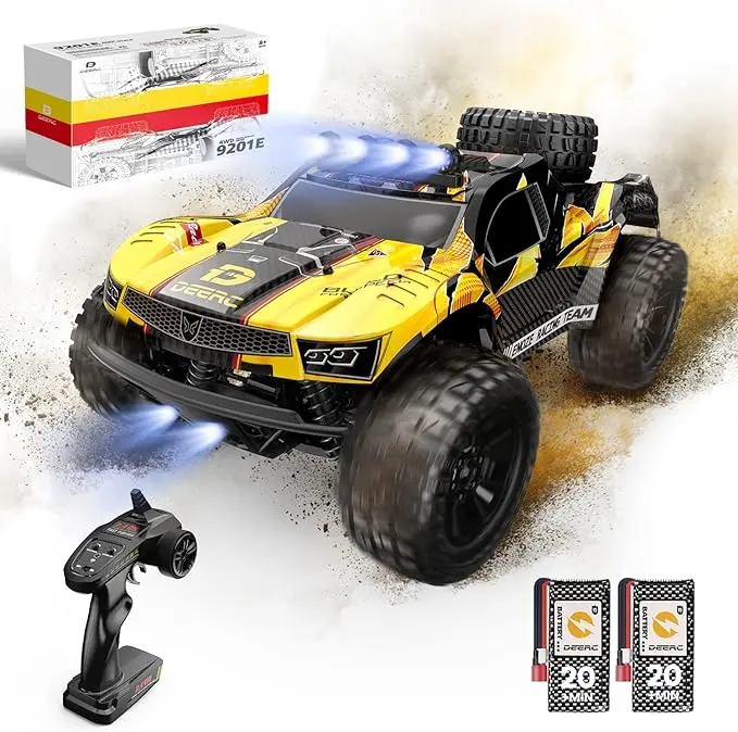 DEERC 9201E 1:10 Large Remote Control Truck with Lights, Fast Short Course RC Car, 48 km/h Monster Crawler Vehicle with 2 Rechargeable Batteries