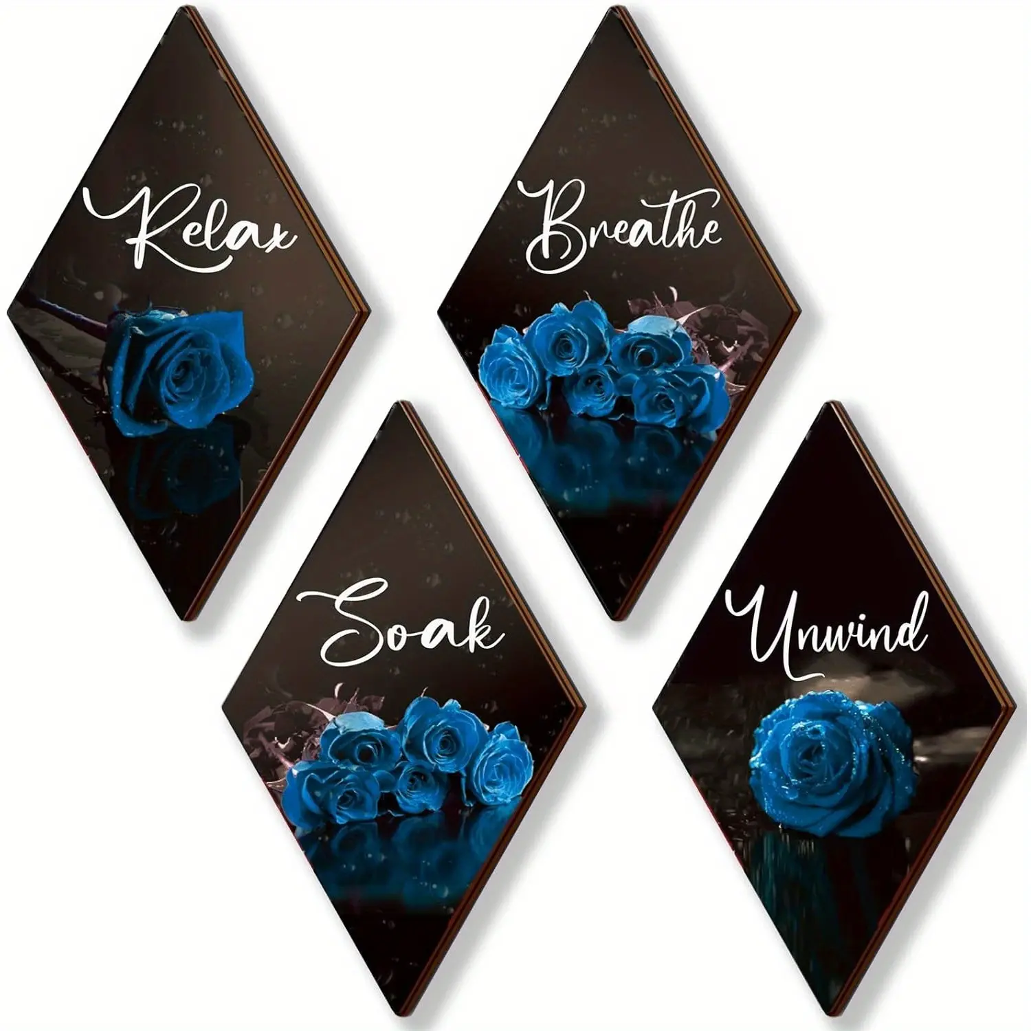 4pcs Blue Rose Diamond Wooden Bathroom Wall Decor, Relax Soak Unwind Breathe, Wooden Board Painting Wall Art Plaque, Room Decor, Unframed Wall Art, Art Wall Decoration, Aesthetic Wall Decor, Decoration Items