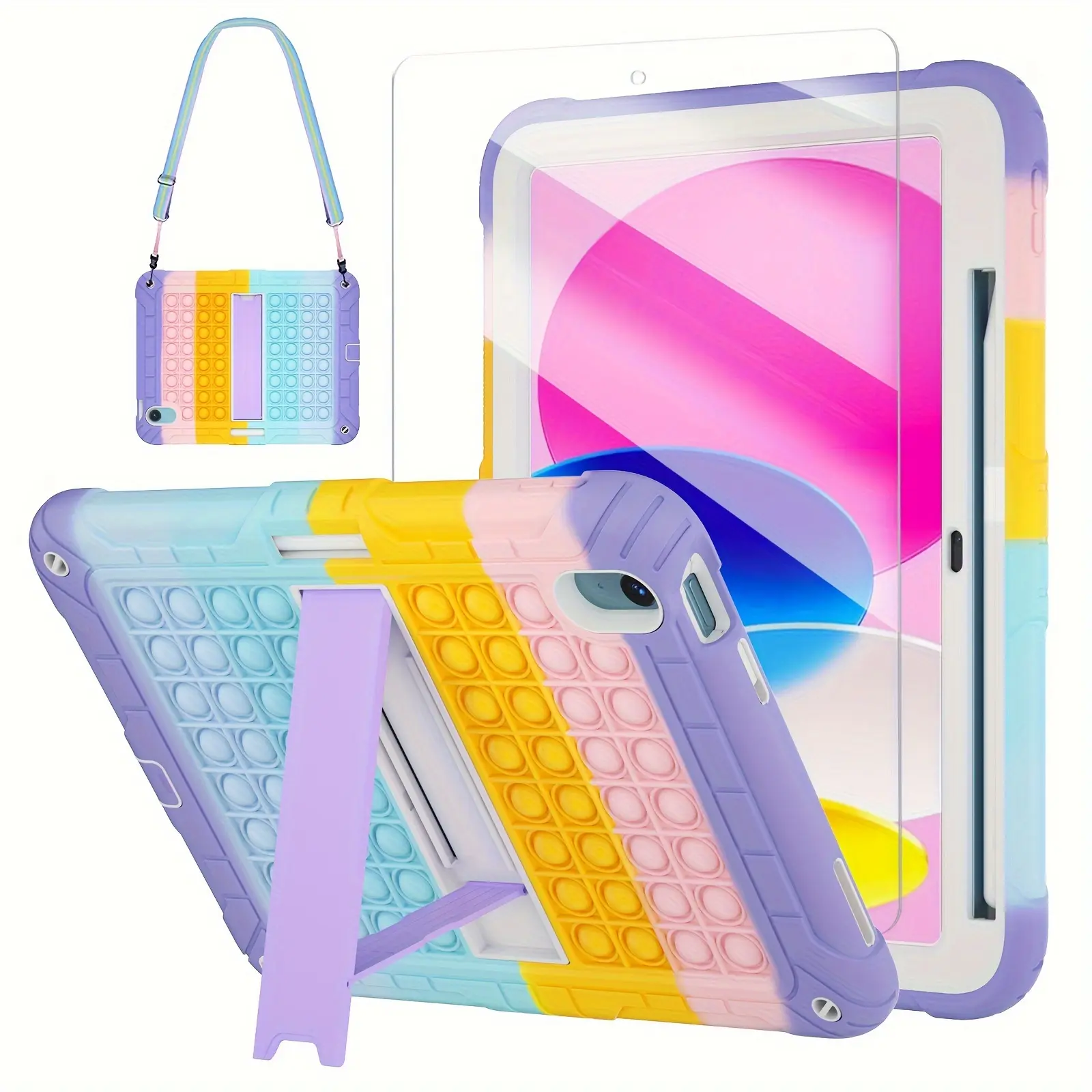 Durable Protective Case for 10th Generation 10.9" 2022 iPad with Glass Screen Protector, Autism Support Casing, Cute Kids Cover, Pushpop Stress Relief, Stand, Pencil Holder, Shoulder Strap, iPad Accessories