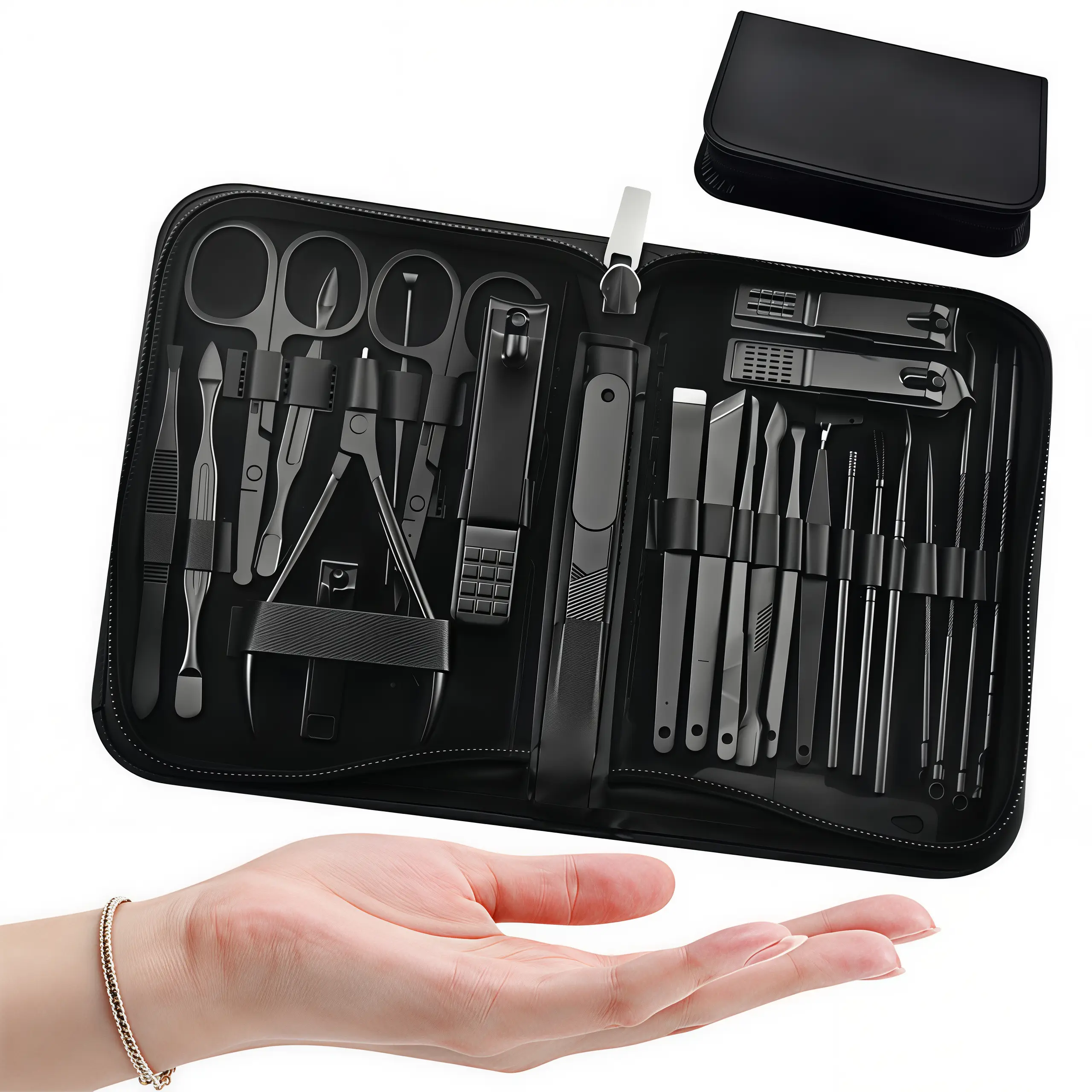 LMMAKE 1SET Manicure Pedicure Kit with Comedone Extractors, Professional Stainless Steel Nail & Skin Care Tools with Blackhead Remover Tools, Portable Travel Case for Home Use, Suitable for Women & Men