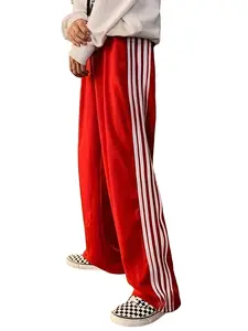 Women's Red Striped Sweatpants with Drawstring Waist Comfy Straight Leg Pants with Pockets Machine Washable