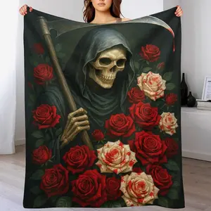La Santa Muerte with Rose Soft Flannel Throw Blanket,All Season Cozy Knitted Thermo-RegulatingCover,Lightweight Fabric,Perfect For Napping,Christmas Present