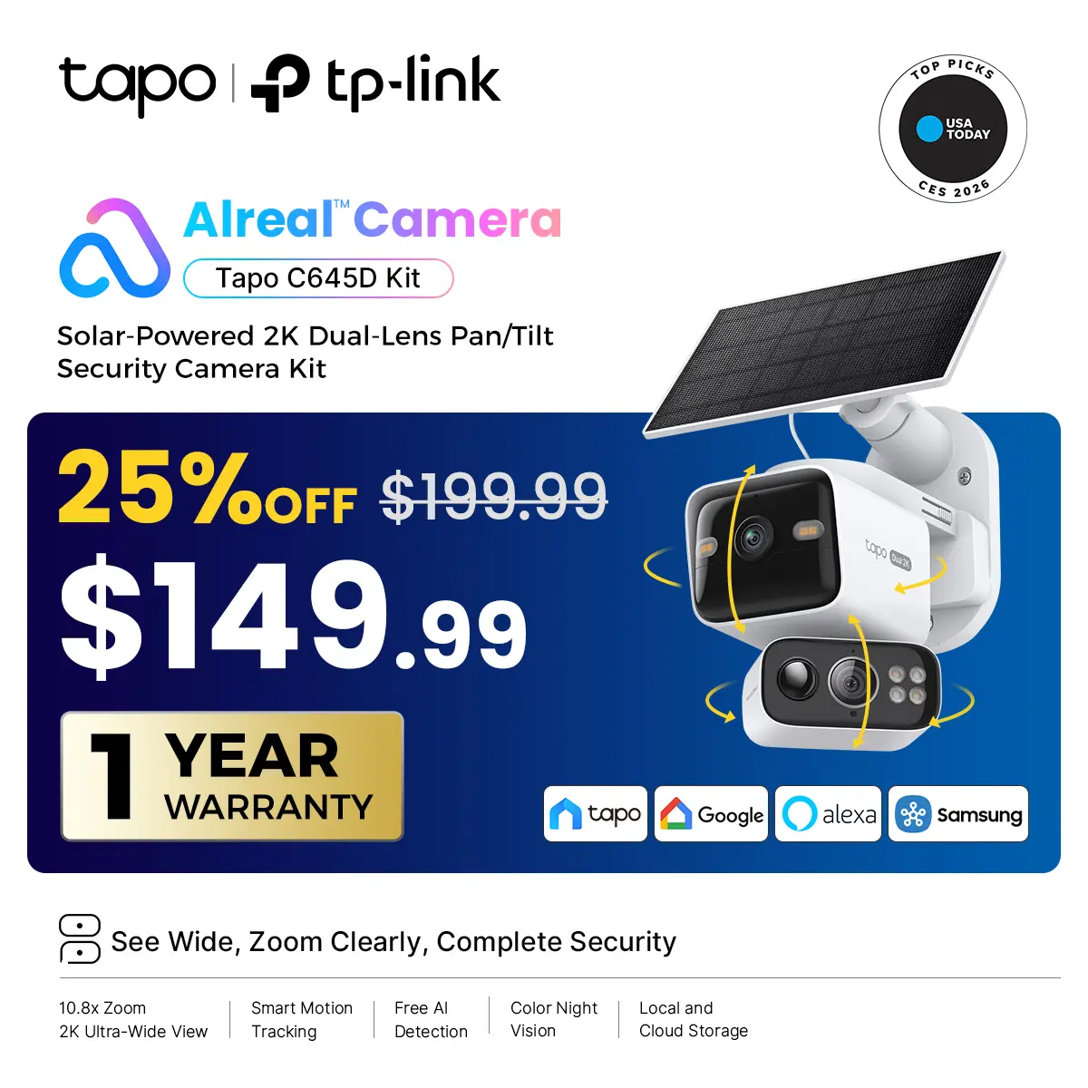 TP-Link & Tapo  C645D KIT Dual Lens Pan/Tilt Security Battery Camera Wireless w/Solar Panel, 2K 3MP 165° Wide-Angle + 6mm Telephoto, Free Person/Vehicle Detection, 360° Pan, SD/Cloud Storage, Works w/Alexa & Google  #SummerWins #DealsForYouDays