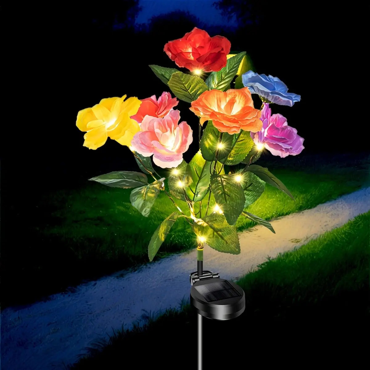 Solar Powered Garden Glow Light, 1 Count Outdoor Solar Rose Lanterns with 7 Rose, IP65 Waterproof Outdoor Decorative Light for Yard, Pathway, Lawn, Solar Garden Lights, Garden Lighting, Solar Pathway Lamp