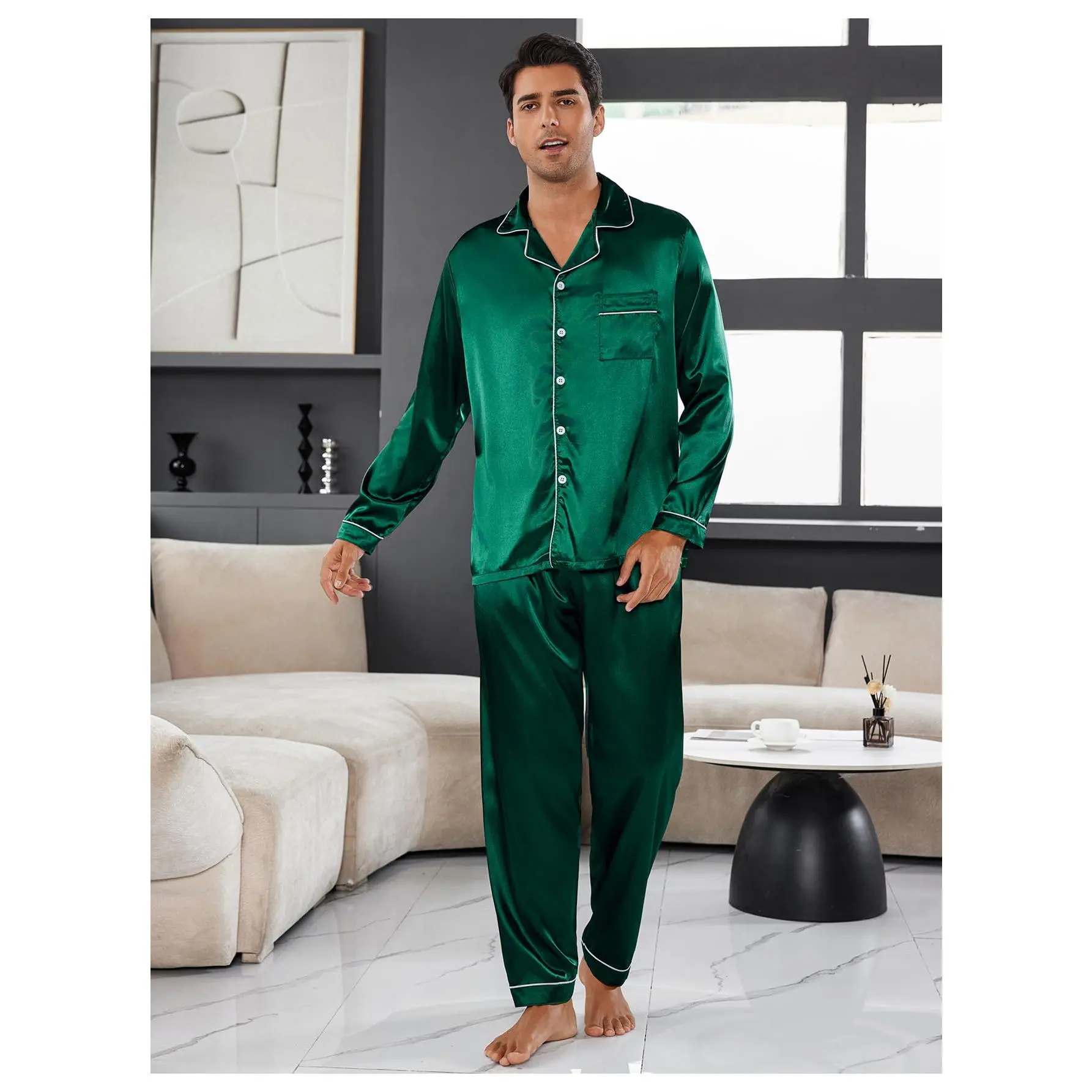 Men's Pajama Set in Leopard Print Satin, 2 Piece Comfy Button-Down Loungewear with Long Sleeve Top and Pants, Breathable Nightwear, Pyjamas
