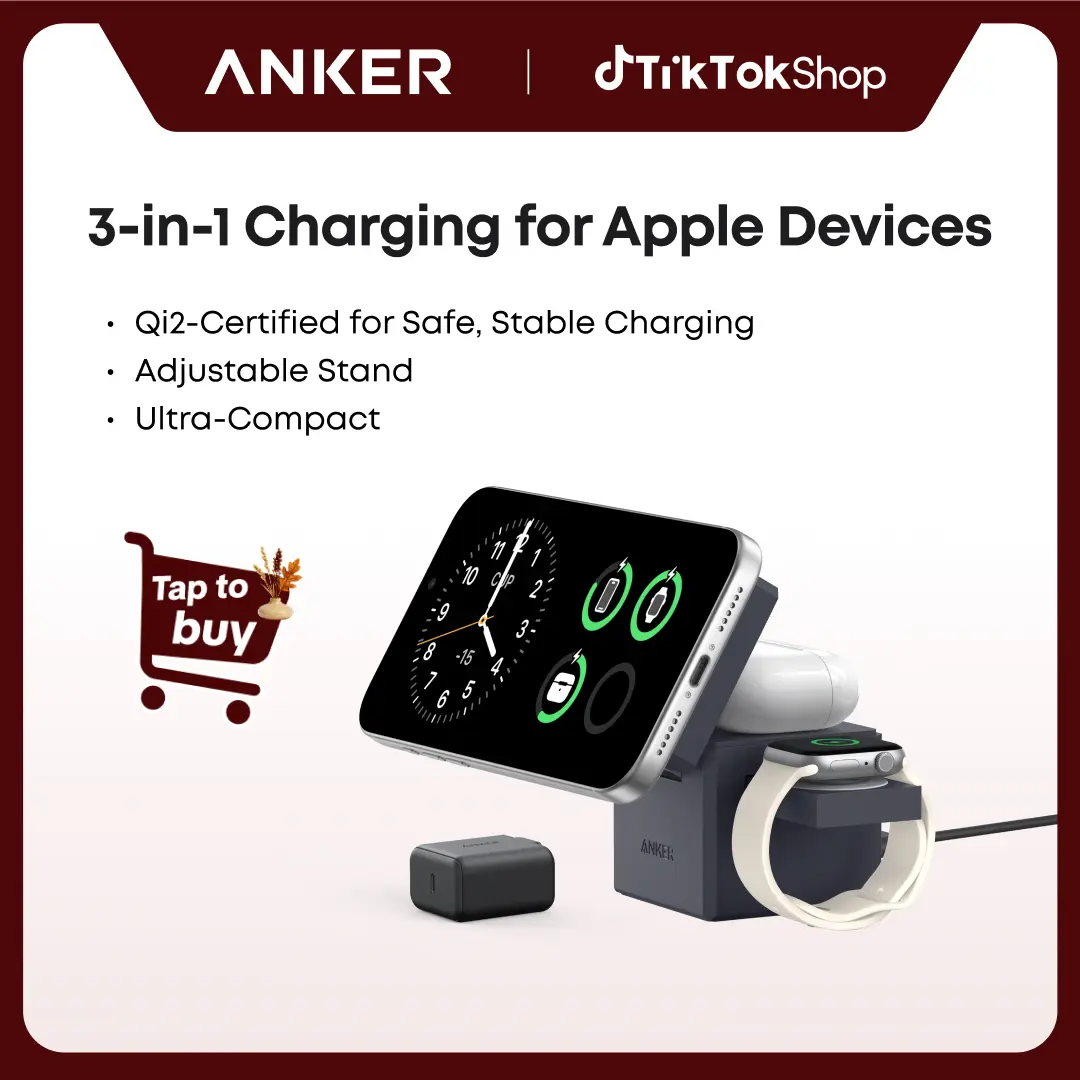 Anker 3-in-1 MagSafe Mobile Charger Stand - Foldable, Adjustable, Miniature, 15W Fast Charging, Hands-Free Viewing for iPhone 17/16/15/14 Series, Wearable Smart Watch, Wireless Earbuds (Charger, Interchangeable Plugs Included)