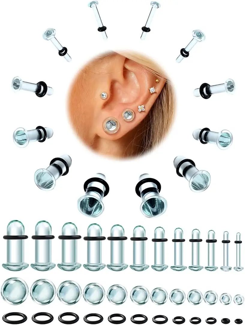 GEMQUEEN 24 PCS 0.5mm Increments Glass Ear Stretching Kit : Hypoallergenic 14G-1/2 Ears Plugs Tunnels Gauge Dead Stretching Kit with Rubber O-Rings Comfy Flare Domed Body Piercing Jewelry