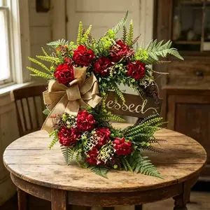 Elegant Wreath, Mixed Floral Wreath with 'blessed' Wooden Sign, Coarse Linen Bow, Mixed Greenery, Rustic Style, Decorative Wreath, Seasonal Front Porch & Home Decor