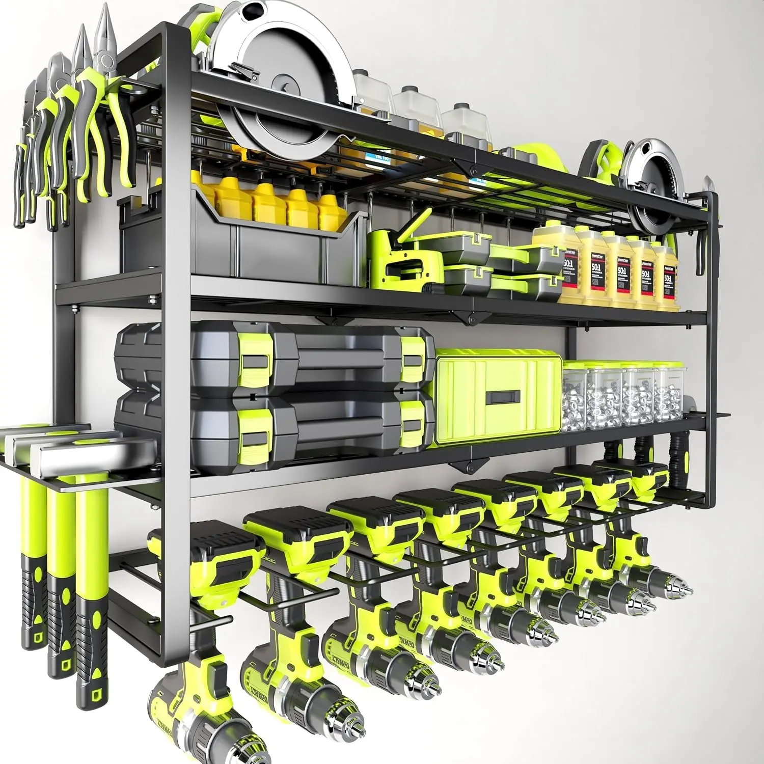 4 Layer Wall Mount Drill Holder Rack, Heavy Duty Power Tool Storage Organizer Alternative for Garage, Workshop, Shed, Basement, Universal Utility Rack Fits Cordless Drills, Impact Drivers, Screwdrivers, Holds 8 Tools, Sturdy Black Metal Storage Rack with