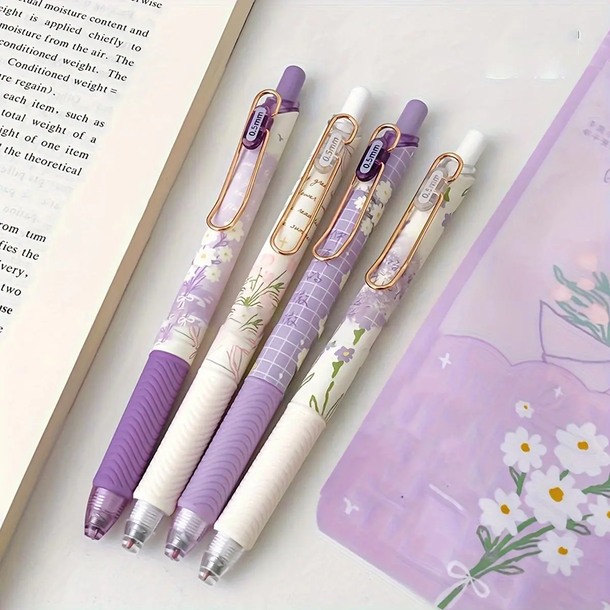 Floral Pattern Gel Pen, 4 Counts Exquisite Quick-drying Note-taking Black Ink Pen, Suitable for Office School Home Dormitory Smooth Writing Pens, Writing Tools, Stationery Office Supplies