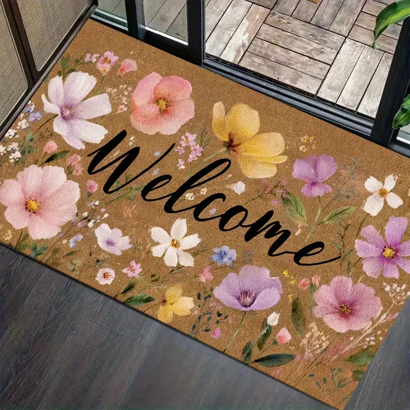 Countryside Style Floral Welcome Doormat, Colorful Watercolor Flower Decorative Botanical Floral Rugs, Durable Non-Slip Entrance Mat for Outdoor Front Door, Housewarming Gift
