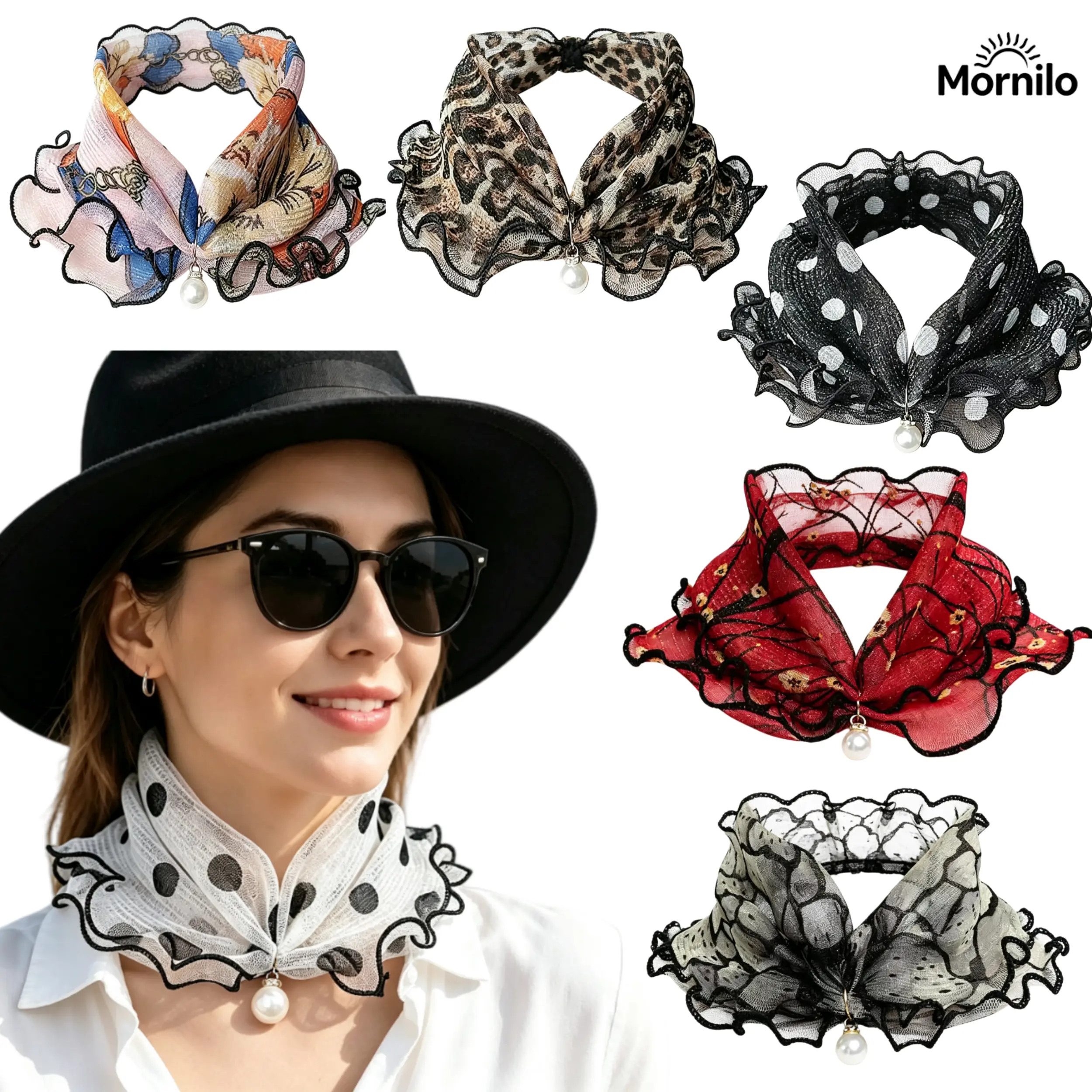 3PCS Elegant Women's Mesh Neck Scarf Set, Lightweight Chiffon Lace Neck Wraps with Pearl Pendant, Coquette Old Money Hair Scarf, Quiet Luxury Neckerchief, Summer Fashion Accessories, Office Chic Travel Scarf, Vintage Floral Bandana Gift for Women