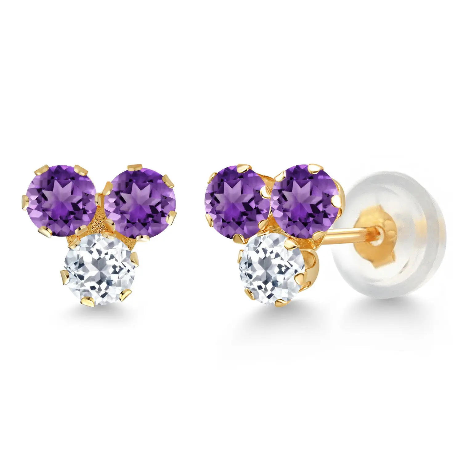 14K Yellow Gold Gemstone Birthstone and White Topaz Trio 3-Stone Stud Earrings for Women | 3MM Round | Fine Jewelry for Her Mom Women Wife