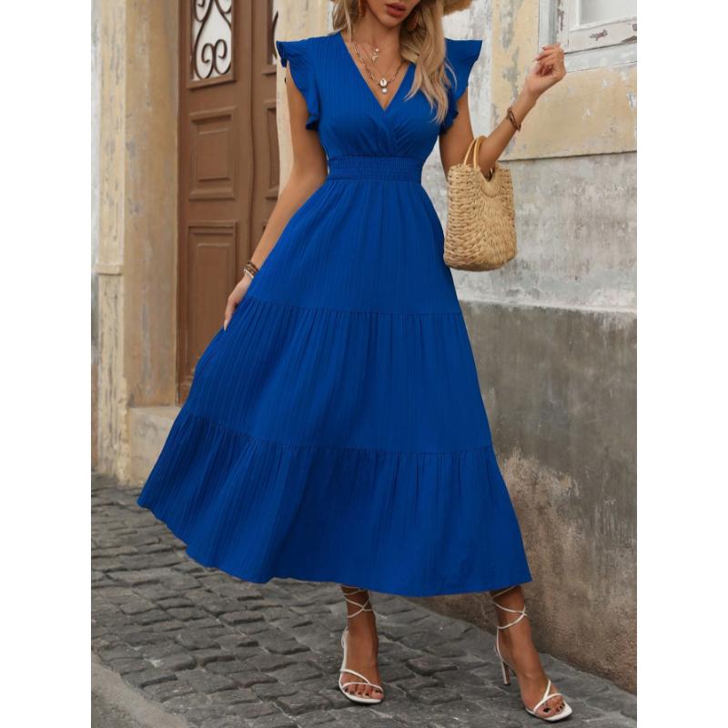 SHEIN Clasi Women Summer Solid Color V-Neck Cap Sleeve Waist Elastic Hem Elegant Dress With Ruffle Hem Maxi Women Outfit SHEIN Clasi Women Summer Solid Color V-Neck Cap Sleeve Waist Elastic Hem Elegant Dress With Ruffle Hem Maxi Women Outfit