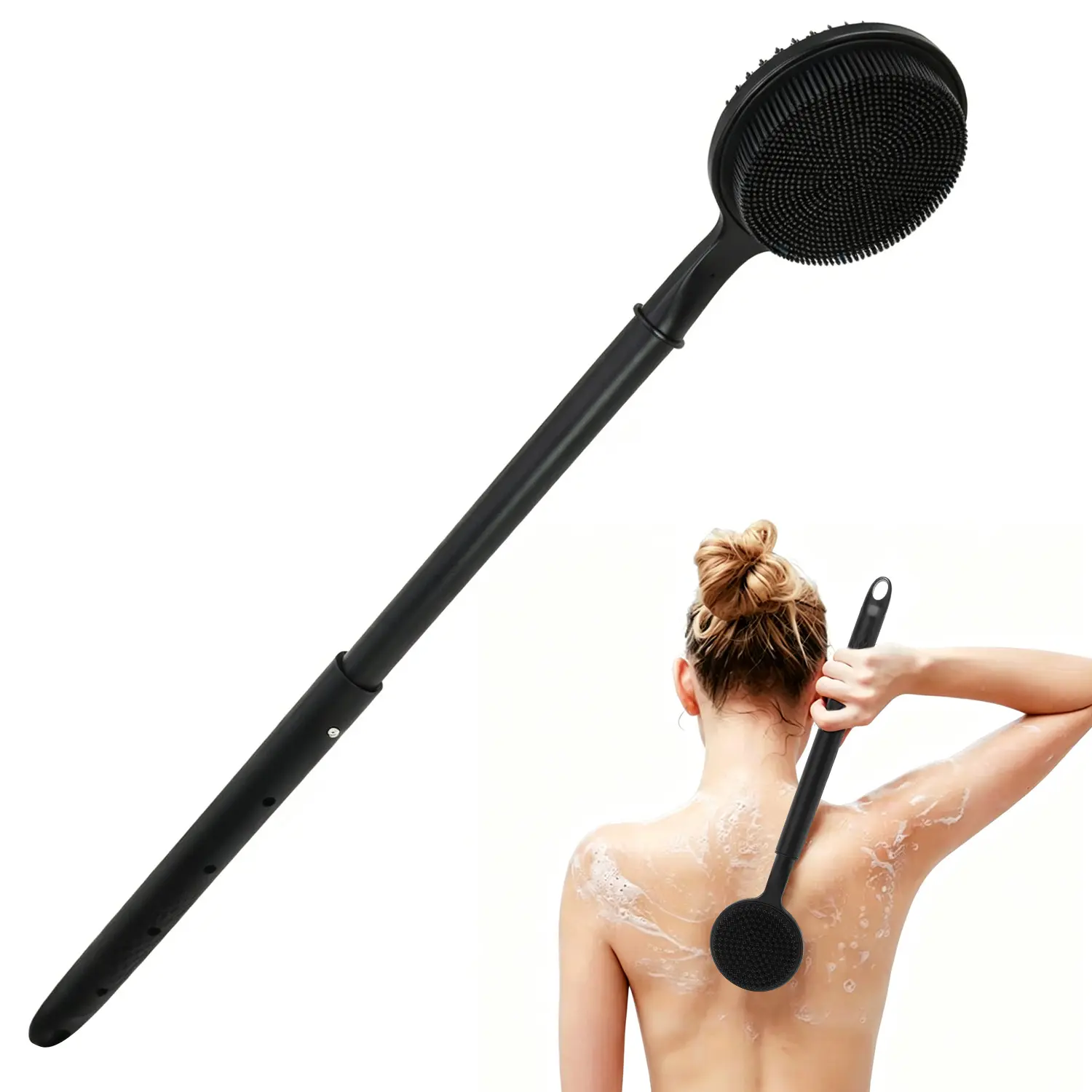 Back Scrubber for Shower, (16-23.5 Inch) Extendable Bath Brush Long Handle for Shower, Silicone Body Scrubber with Handle, Back Brush for Shower Men and Women,Easy to Clean (Black) Black Scrubber Men's