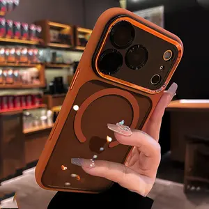 Luxury High-quality Translucent Metal Lens Frame Protective Case for iPhone 17 Pro Max ,17 16 15 14 13 12 11Pro Max  Plus Air Simple and Stylish Case for Men Women Acrylic Hard Case, Premium Construction  Magnetic MagSafe wireless charging