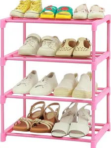 Summer Gift  4-Tier Free Standing Shoe Racks for 6-8 Pairs Shoe Storage,Kids Shoe Racks for Small Place,Lightweight Stackable Shoe Shelf Organizer for Entryway, Doorway and Closet,Pink