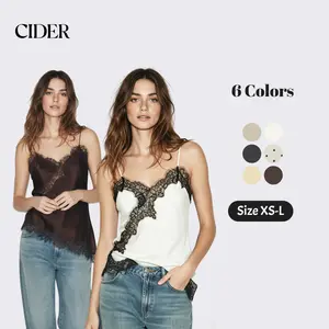 Cider Satin V-neck Floral Lace Lettuce Trim Cami Blouse