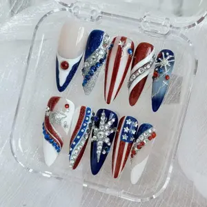 [LIMITED LAUNCH DEAL] Handmade 4th of July Press On Nails, Red White Blue Rhinestone USA 250th Nail Set